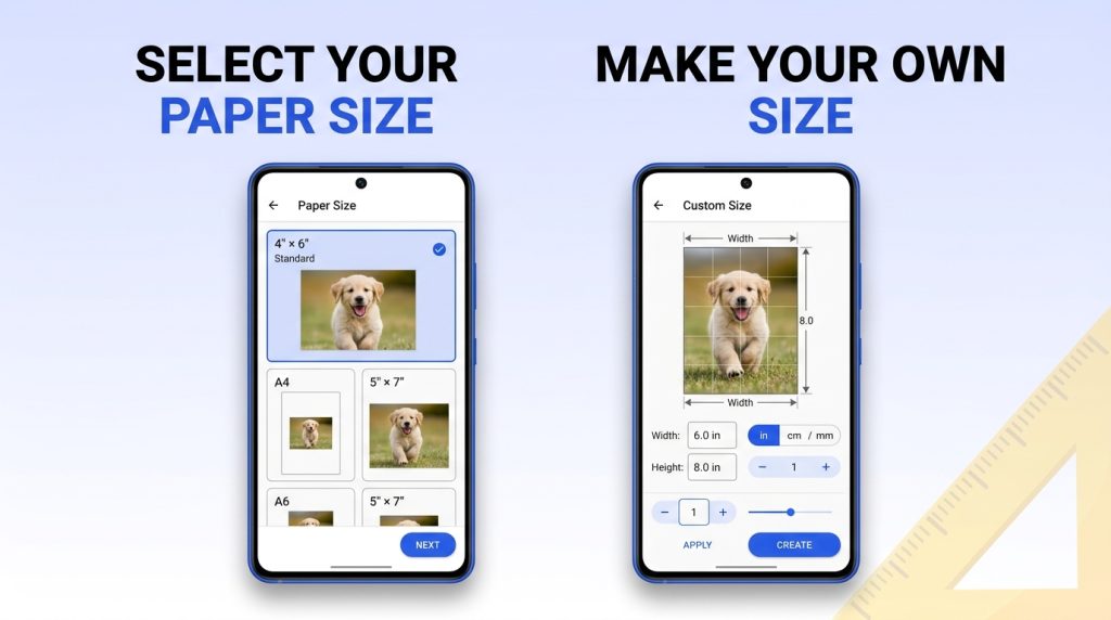 Photo Printer app screen: US Letter paper size selected and a custom 4 by 6 inch photo size