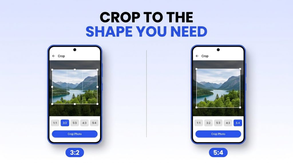 Photo Printer app screen: Print To Size with a built-in ruler and unit options inch, cm, mm, pt and pc