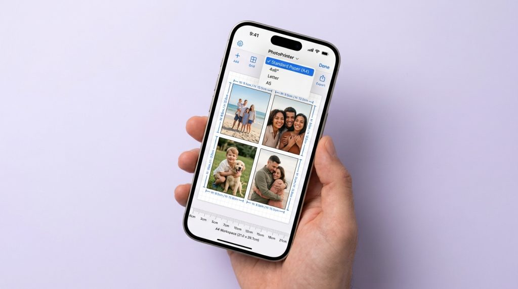 PhotoPrinter app on iPhone displaying paper size selector and photo layout preview with dimension guides and ruler visible on screen.