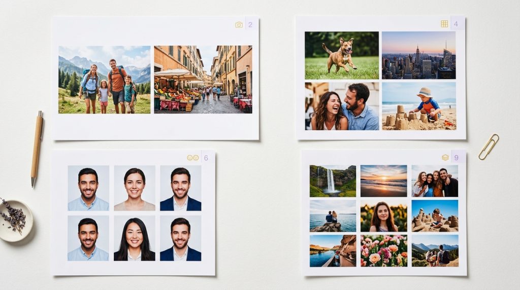 Four printed photo sheets displaying different grid layouts: 2-up, 4-up, 6-up, and 9-up arrangements, each with vibrant, perfectly-sized photos.