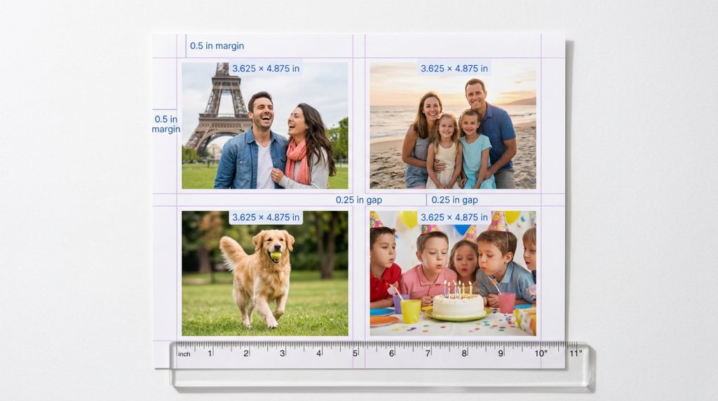Printed 4-photo grid with overlaid dimension guides showing exact measurements: 3.625 × 4.875 inches per photo, with margin and gap annotations.