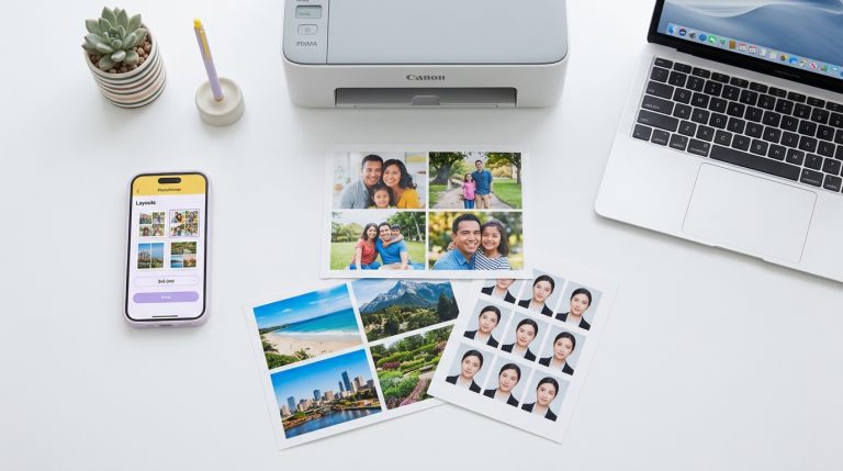 Clean workspace with printer, smartphone showing PhotoPrinter app, and three printed photo sheets displaying grid layouts (2, 4, and 6-photo arrangements) in perfect alignment.