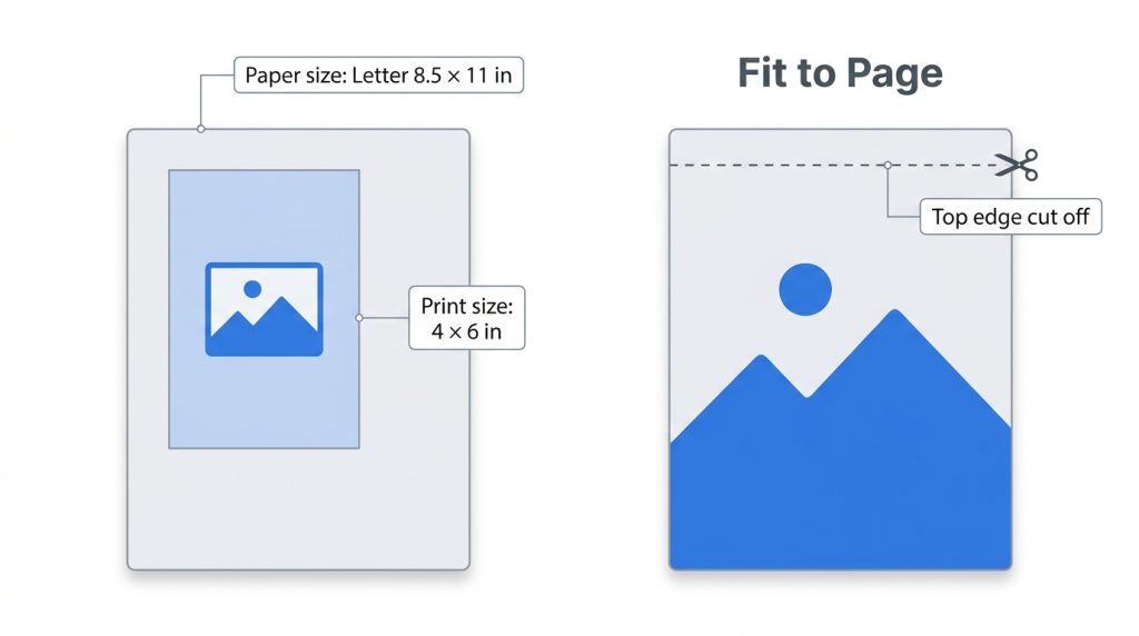 Diagram showing a 4 × 6 inch photo printed on a Letter sheet next to the same photo stretched by Fit to Page
