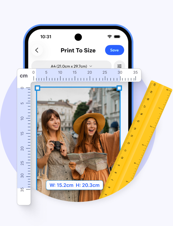 Photo Printer app showing photo size preview with ruler