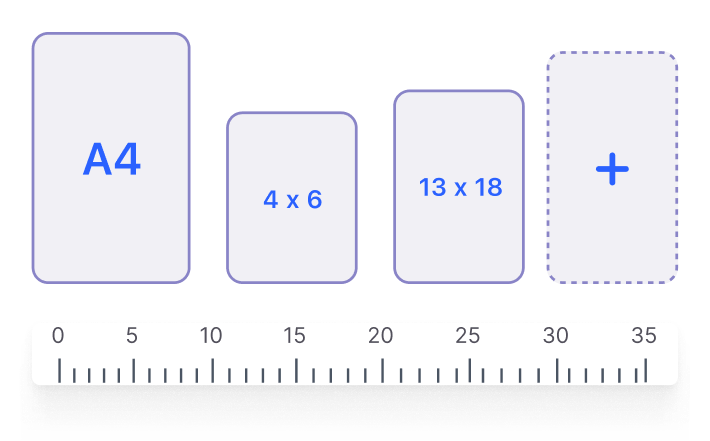 Paper size options A4, 4x6, 13x18 with a ruler