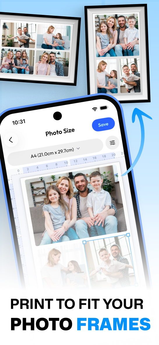 Photo Printer app screen: Resize and crop with precision