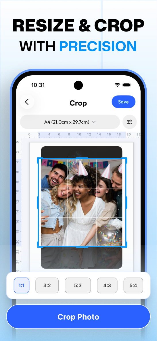 Photo Printer app screen: Measures in real size