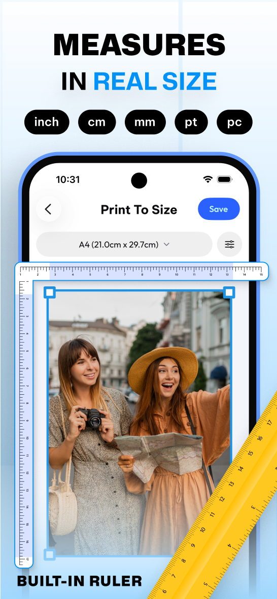 Photo Printer app screen: Accurate real-life dimensions