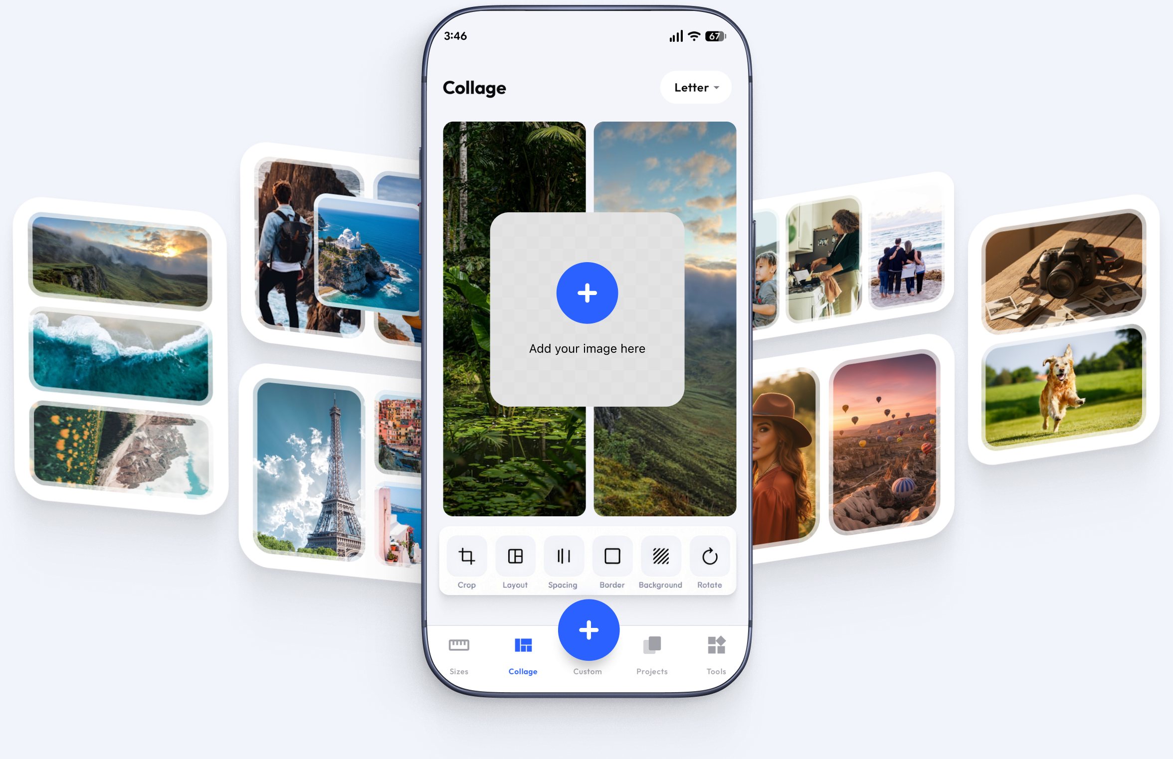 Photo Printer app collage screen with photo cards